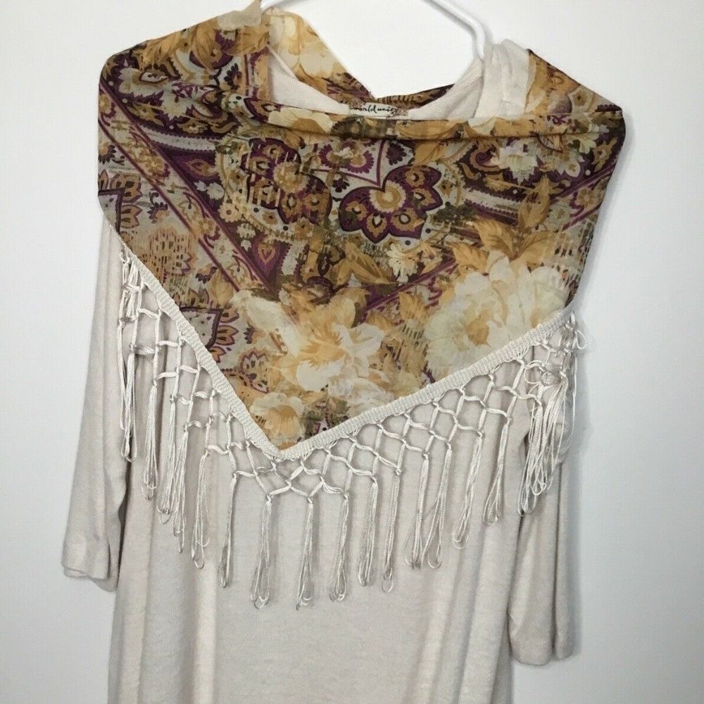 World Unity Women’s W/detach Scarf Fringe 3/4 Sleeve‎ Soft Top Tunics Size M